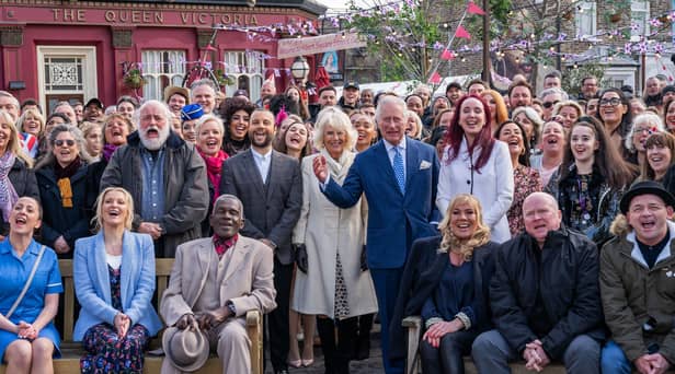King Charles and Queen Consort Camilla on the set of EastEnders. 