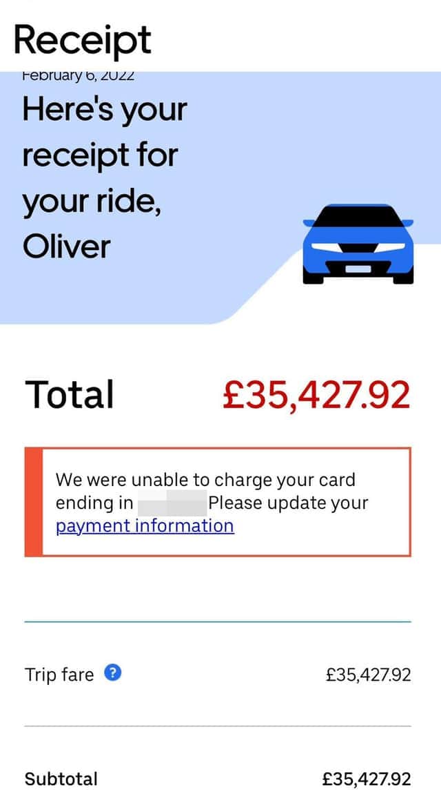 Oliver Kaplan’s Uber receipt - showing a staggering £35,427.92 bill