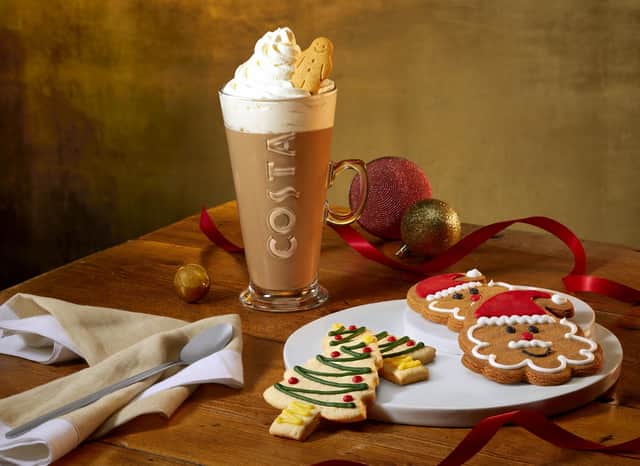 Costa Christmas menu: The Santa Gingerbread Biscuit and Christmas Tree Shortcake biscuit with a Gingerbread & Cream Latte