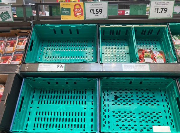<p>Empty tomato shelves at Morrisons in Birmingham.20/02/2023   See SWNS story SWBNtomatoes - Suppliers are blaming poor weather conditions in Spain for empty shevles which seem to be prevalent across the country.</p>