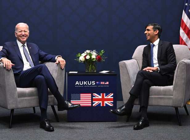 <p>US President Joe Biden and British Prime Minister Rishi Sunak participate in a bilateral meeting during the AUKUS summit on March 13, 2023 in San Diego, California. President Biden hosts British Prime Minister Rishi Sunak and Australian Prime Minister Anthony Albanese in San Diego for an AUKUS meeting to discuss the procurement of nuclear-powered submarines under a pact between the three nations. (Photo by Leon Neal/Getty Images)</p>
