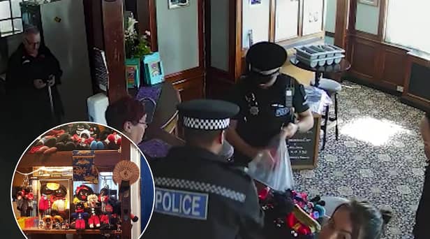 CCTV footage shows police storming a couple's Essex pub and seizing their golliwog dolls, saying the toys were a suspected hate crime (Photos: SWNS)