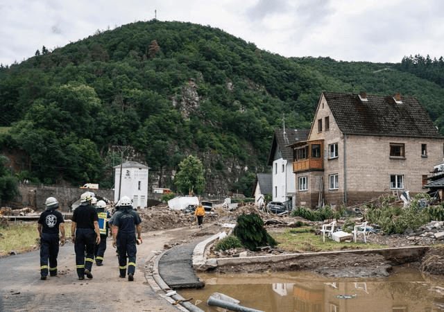 Firefighters inspect debris and damaged houses destroyed by the floods in western Germany (AFP/ Getty)
