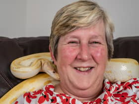 A woman who adopted a python following the death of her husband said she ‘felt an instant connection’ and the reptile brings her ‘so much joy’ 