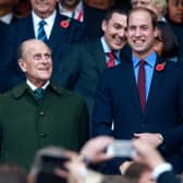 Prince Phillip and Prince William enjoy the build up to the 2015 Rugby World Cup Final match between New Zealand and Australia at Twickenham Stadium (Photo by Phil Walter/Getty Images)