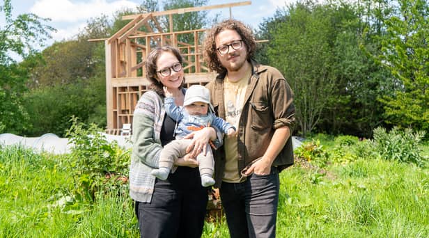 Guy, Viki and Baby Leon, Landmatters Permaculture Community, Devon as the young couple talk about their journey to off grid living.