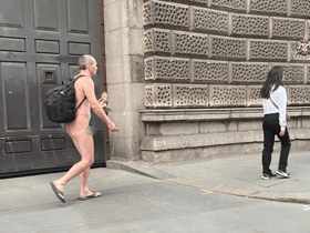 Kitted out in just a rucksack and flip flops while carrying a takeaway coffee, the commuter appeared to be grinning at fellow Londoners as he walked through the city naked.
