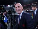  President of the Royal Spanish Football Federation Luis Rubiales (C) reacts at the end of the Australia and New Zealand 2023 Women’s World Cup final football match between Spain and England at Stadium Australia in Sydney on August 20.