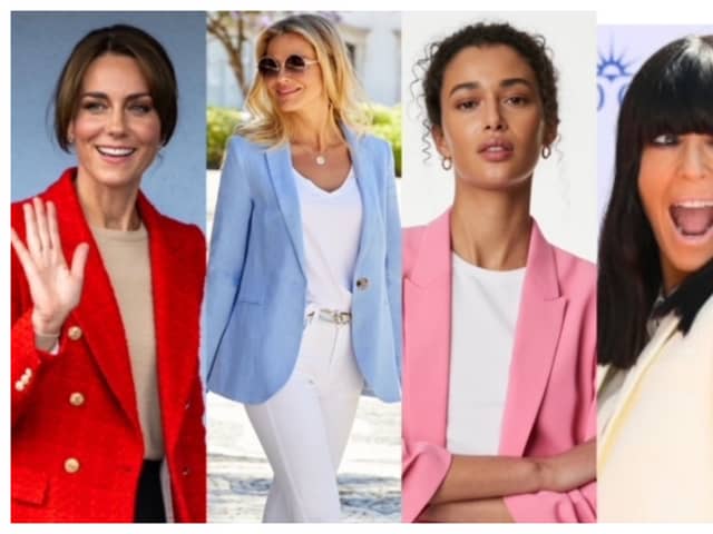 Catherine, Princess of Wales and Claudia Winkleman are both fans of blazers, (blue blazer, Sosander, pink blazer, M&S). 