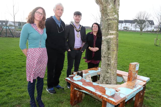 Pictured at the launch of The Dreamer’s Space exhibition and outdoor trail at Flowerfield Arts Centre are artist-in-resident Corrina Askin, Chris Springhall, the Mayor of Causeway Coast and Glens Borough Council Sean Bateson and Cultural Services Development Manager Desima Connolly.