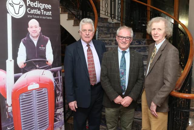 Brian Walker, right, chairman, Pedigree Cattle Trust, is pictured with guest speakers Jim Nicholson, and Dr Dick Sibley. Picture: McAuley Multimedia