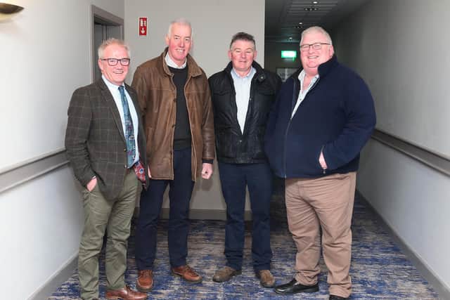 Discussing the results of the bTB eradication trials in Devon are pioneering vet Dr Dick Sibley; Charolais breeders Will Short, Omagh, and Pat Hackett, Clogher; with Holstein NI chairman Charlie Weir, Waringstown. Picture: McAuley Multimedia
