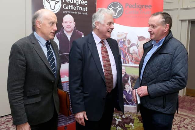 Guest speaker Jim Nicholason, is pictured chatting to William Taylor, Farmers for Action; and Sean McAuley, vice-chairman, NIAPA. Picture: McAuley Multimedia