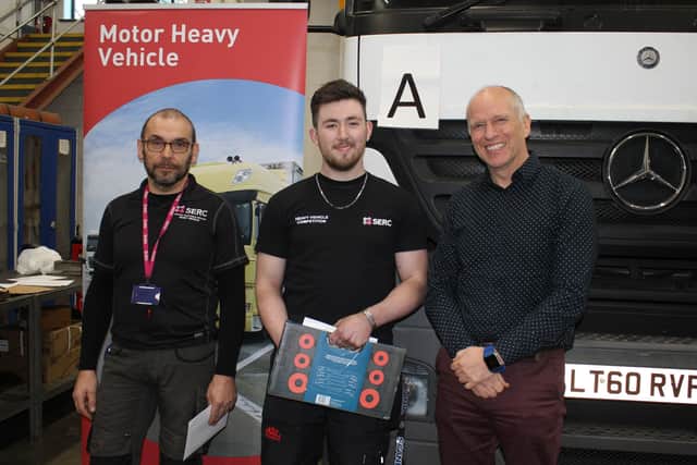 Heavy Vehicle Course Coordinator, Ian McClure, with Second Place winner JP Macauley from Crumlin, a Level 2 second year apprentice with Grant Commercials, and John Nixon, Head of School, SERC.