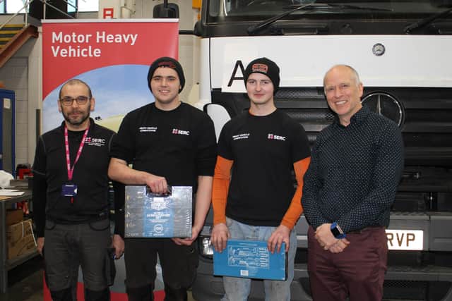Heavy Vehicle Course Coordinator, Ian McClure Level 3, first years Philip Bingham, from Dromara, apprentice with Sloan Transport and Stephen Cairns from Lisburn, apprentice with McCreath Taylor who took Joint Third place, and John Nixon, Head of School, SERC.