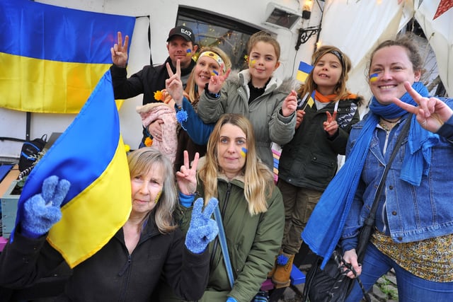 Residents and visitors at Arundel united in support of Ukraine. Pic S Robards SR2203061 SUS-220703-103201001