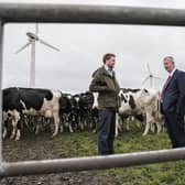 Minister Edwin Poots is pictured with Jack Blakiston Houston at his farm where they use a range of environmentally friendly techniques that also increase profitability and reduce waste.
