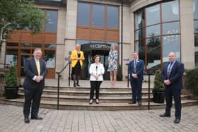 3 July 2020 McAuley Multimedia...Economy Minister Diane Dodds with staff and Carla Lockhart MP at the Seagoe Hotel in Portadown. Picture Steven McAuley/McAuley Multimedia