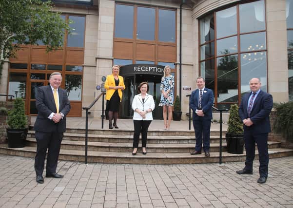 3 July 2020 McAuley Multimedia...Economy Minister Diane Dodds with staff and Carla Lockhart MP at the Seagoe Hotel in Portadown. Picture Steven McAuley/McAuley Multimedia