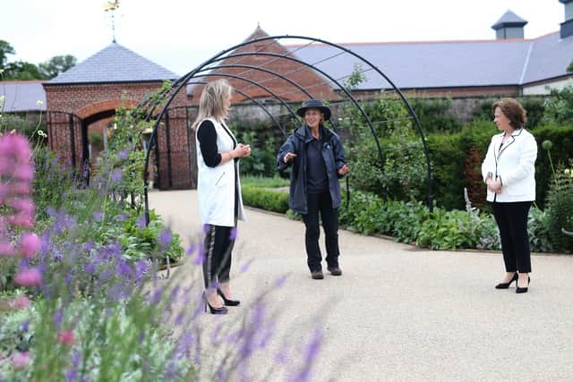 3 July 2020 McAuley Multimedia... Minister Diane Dodds pictured at Hillsborough Castle with Laura McCorry Managing Director Hillsborough Castle and Claire Woods Garden Manager during a visit on Friday afternoon. Picture Steven McAuley/McAuley Multimedia