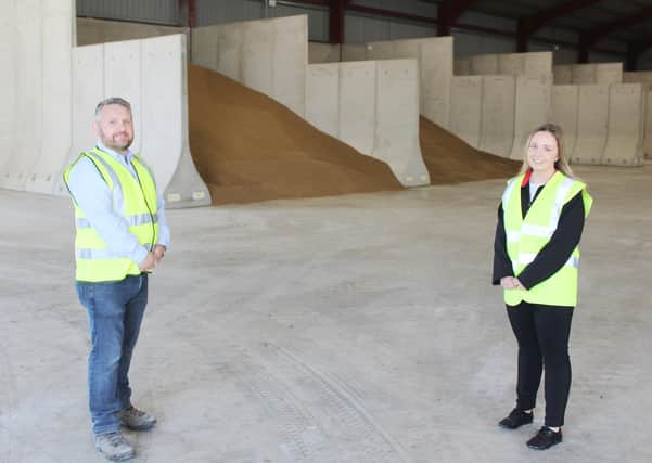 Chestnutt Animal Feeds, based at Stranocum in Co Antrim, is in the throes of completing a new store. The facility, which has a floor area of 17,000 square metres, will be used for the storage of bulk feeds and pallets. The fit-out of the new building featured the use of bunker walls, which can provide total flexibility when it comes to utilising the store. The precast units were manufactured by Ballymena-based Moore Concrete. Chestnutt’s operations director Norman McConaghie and Moore’s Nicola McAdam recently toured the new facility.