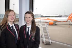 Samantha Todd, left and Emma Turner at Belfast International Airport before boarding their flight to Birmingham on a fascinating ABP Angus Youth Challenge study tour