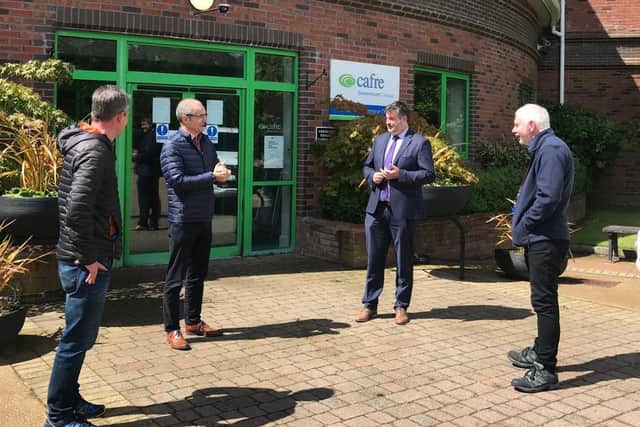 Martin McKendry, CAFRE Director meets Sean Harvey, George Moffett and Brian Simpson to discuss preparations for students returning to Greenmount Campus, Antrim in September.
