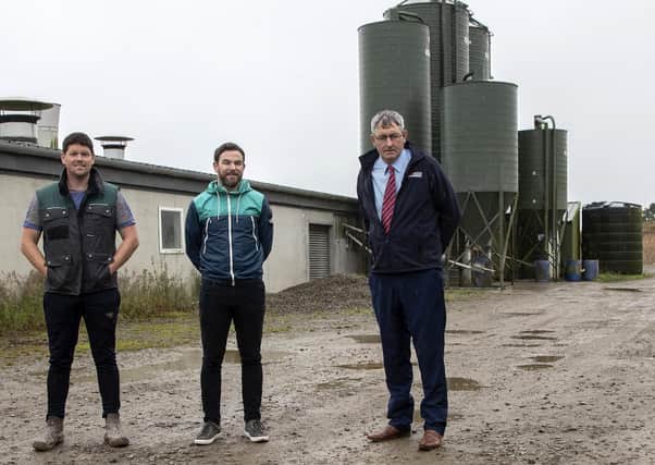 The feed ingredients are stored in six  V -Mac silos manufactured by McAree Engineering  based in Ballinode, Co. Monaghan. Pictured L2R are Ashleigh Farms , Directors, James and Jason McGrath with Eamon McMeel, McAree Engineering.