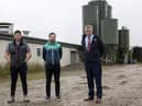 The feed ingredients are stored in six  V -Mac silos manufactured by McAree Engineering  based in Ballinode, Co. Monaghan. Pictured L2R are Ashleigh Farms , Directors, James and Jason McGrath with Eamon McMeel, McAree Engineering.