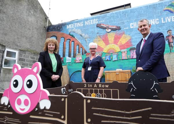 DAERA Minister Edwin Poots MLA pictured visiting Via Wings with Communities Minister Carál Ní Chuilín MLA and Gail Redmond, founder Via Wings in Dromore County Down