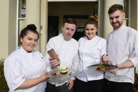 Pacemaker Press Belfast 17-10-2019:   Jim Mulholland, Chef and Proprietor of No 14 at the Georgian House will be tantalising taste buds as he mentors past and present students from SERC including (pictured) Courtney Johnston,Rachel Carson and Connor McGrogan, who have planned, prepared and will cook a mouth-watering Taster Menu featuring the best of Irish food at 1.00pm on Friday 25 October.  All profits will go towards supporting 6 young culinary students who have reached the UK Regional Finals of WorldSkills.  
Pictured By: Arthur Allison.