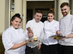 Pacemaker Press Belfast 17-10-2019:   Jim Mulholland, Chef and Proprietor of No 14 at the Georgian House will be tantalising taste buds as he mentors past and present students from SERC including (pictured) Courtney Johnston,Rachel Carson and Connor McGrogan, who have planned, prepared and will cook a mouth-watering Taster Menu featuring the best of Irish food at 1.00pm on Friday 25 October.  All profits will go towards supporting 6 young culinary students who have reached the UK Regional Finals of WorldSkills.  Pictured By: Arthur Allison.