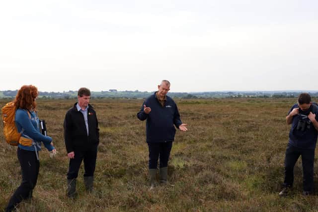 Agriculture Minister Edwin Poots MLA is pictured on Garry Bog, Ballymoney with UFU Chief Executive Wesley Aston and NIEA representatives Áine O’Relly and Keith Finegan. Photo by DAERA Press Office