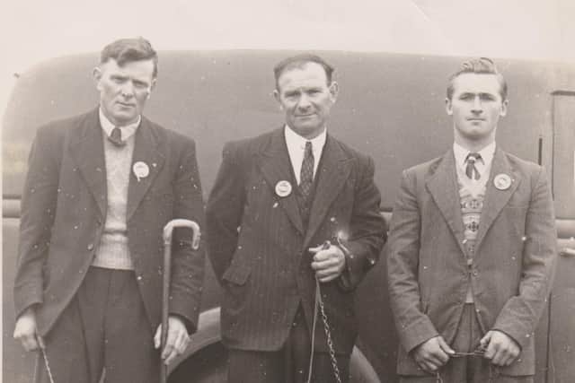 Many thanks to Debra Hyland for allowing me to reproduce this fantastic old photograph. Its show her uncle John Ewart, an unkown gentleman and Herbert Stevenson. Debra writes of her uncle John: “To the best of my knowledge he loved the working dogs, at the time of this picture he and his brother Joseph Ewart were into rearing sheep.”