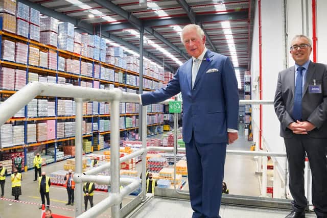Photo by Aaron McCracken

HRH The Prince of Wales is pictured with joint MD of the Henderson Group, Martin Agnew during his visit to the Group's Wholesale warehouse to thank frontline logistics and retail staff for their committment during lockdown.