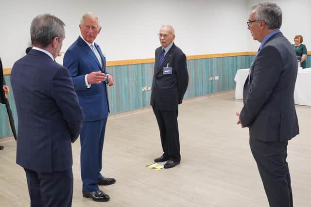 Photo by Aaron McCracken

HRH The Prince of Wales meets with Geoffrey, John and Martin Agnew at Henderson Group's warehouse in Mallusk as part of his visit to Belfast this week. Prince Charles met safely with and thanked workers from various aspects of the Groupâ€TMs companies, including lorry drivers, warehouse operatives and retail staff, all of whom kept the country going during lockdown by ensuring vital supply and services to and from SPAR, EUROSPAR and ViVO branded stores in Northern Ireland.