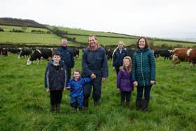 Pictured Richard Starrett with his family and Aurivo Farm Advisors Paul Cullinane and Majella McCafferty. Photo Clive Wasson
