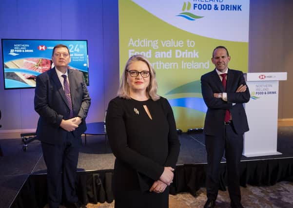Pictured at the 24th NIFDA annual dinner event are (L-R): Michael Bell, Executive Director, NIFDA; Gillian Morris, Head of Corporate Banking Northern Ireland, HSBC UK; Nick Whelan, Chair, NIFDA.