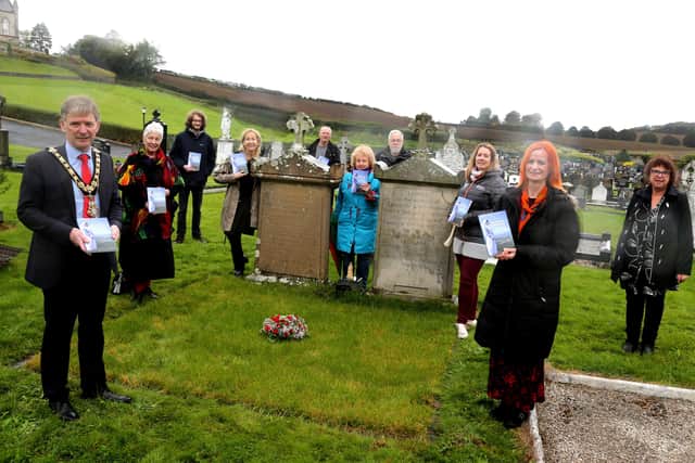 Alderman Mark Fielding, Mayor of Causeway Coast and Glens Borough Council, and Rosemary Henderson, were joined by Sarah-Jane Goldring, Peace IV Co-ordinator, Helen Perry, Museum Services Development Manager, Joanne Honeyford, Museum Officer, and family and friends at the book launch in St Finlough’s Graveyard, Ballykelly.