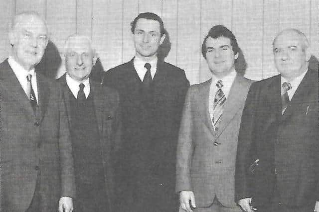 The Michelin Gala Night panel 1974, from (l) the late Nelson Corry former Chairman of the INFC, the late Tommy Harper former President of both INFC & NIPA, Ronnie Johnston INFC President, Anthony McDonnell President elect of the NIPA and the late Horace Devine former Secretary of both INFC & NIPA.
