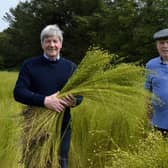 Joe Mahon  and Colm Clarke with their flax harvest in the Laggan
