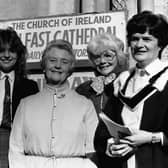 Victoria College head girls Karen Irwin, left, and Fiona Parkes accompanied the board of governors chairwoman Joan Russell, deputy headmistress Dr C J Higginson, and headmistress Brenda Berner at a thanksgiving service which was held by the college in October 1987. Picture: News Letter archives