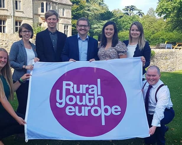 Linzi Stewart from Moneyrea YFC is pictured five from left with her Rural Youth Europe colleagues at a rally in England in 2019