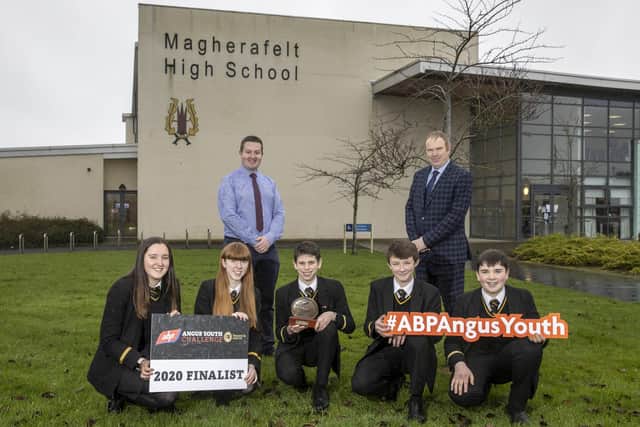 Pictured from Magherafelt High School is teacher Mr Richard Palmer and Acting Principal, Stephen Fleming with their ABP Angus Youth Challenge Finalist team, Grace Wilson, Ruth Sheppard, Mark Jones, Brian Hutchinson and Justin Clarke