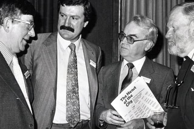 Pictured in November 1980 at a reception by the Royal Town Planning Institute on the eve of its conference â€ ̃The Heart of the City in Belfast are, from left, Mr Nat Lichfield, speaker, Mr Alwyn Riddell, chairman of the Northern Ireland branch on the institute, Mr John Collins, national president, and Mr Gordon Cullen, speaker. Picture: News Letter archives