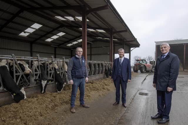 L-R Harold Johnston; Edwin Poots MLA, Agriculture, Environment and Rural Affairs Minister; Seamus McCaffrey, Chair, AgriSearch