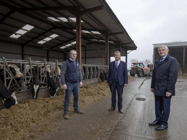 L-R Harold Johnston; Edwin Poots MLA, Agriculture, Environment and Rural Affairs Minister; Seamus McCaffrey, Chair, AgriSearch