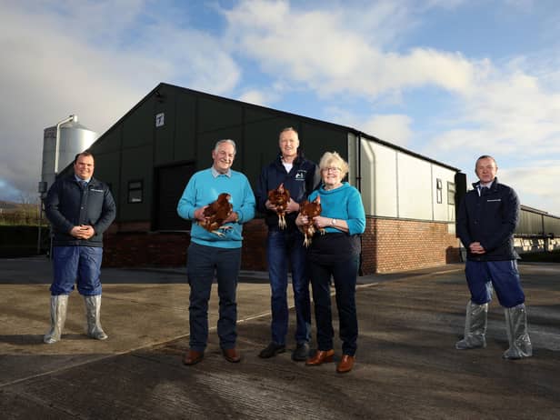 Pictured in front of the new Free Range Poultry Unit at Hillcrest Farm, Cloughmills, County Antrim are proprietors Mervyn, Gareth and May Smyth (centre) along with Richard Primrose, Agri Manager NI and Tommy Doherty, Relationship Manager both from Bank of Ireland UK