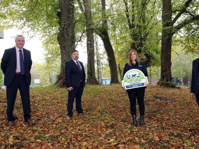 Left to right: John Thompson Rural Support Chairman, Health Minster Robin Swann MLA, Veronica Morris Rural Support CEO & Agri Minister Edwin Poots MLA; launching the Social Farming Standards at Stormont Estate.