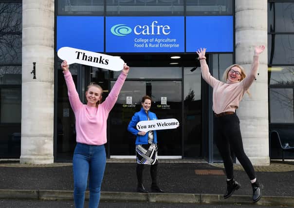 Alison Donaghy (left) from Dungannon and Ellie Kee (right) from Castlederg thank CAFRE Careers Adviser, Liz Simpson for helping them make their best decision, to study on the BSc (Hons) Degree in Food Innovation and Nutrition course at CAFRE, Loughry Campus.